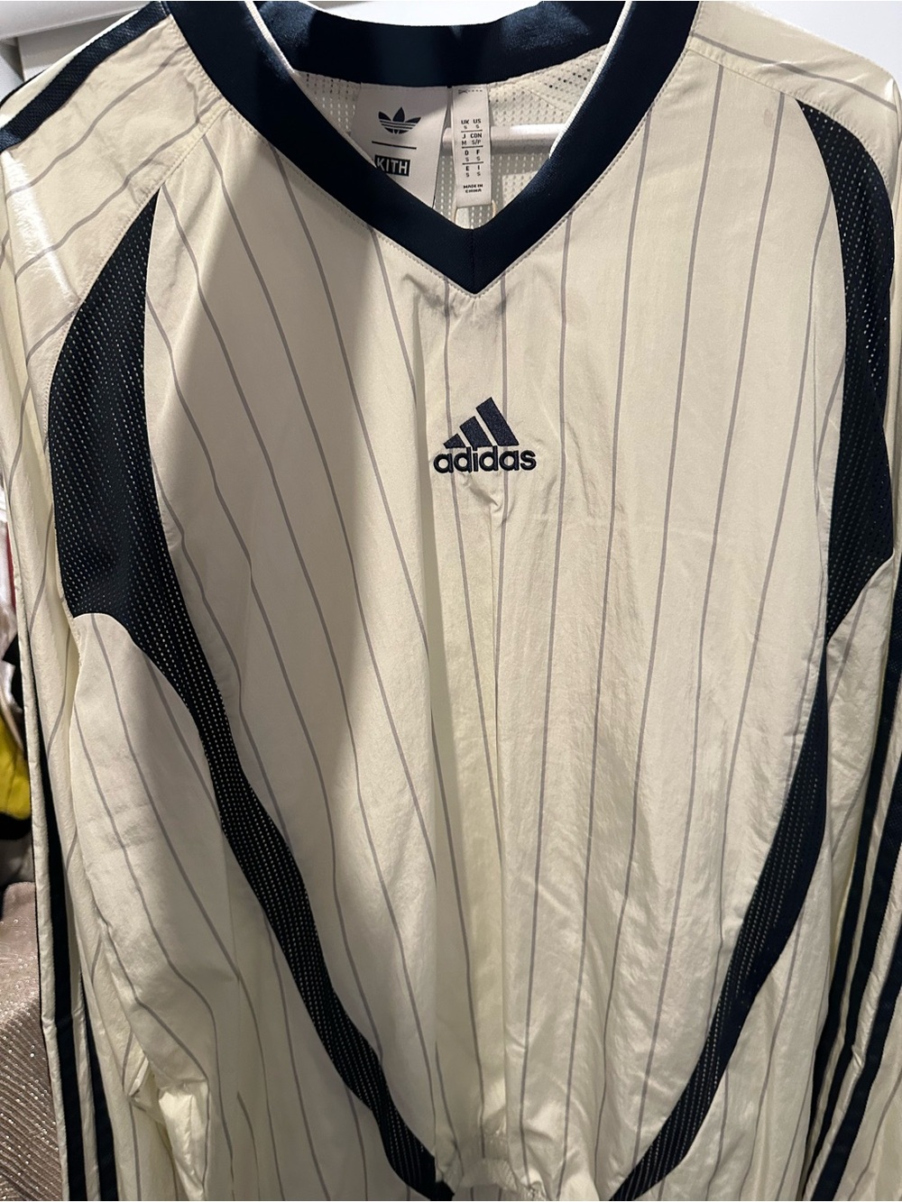 KITH x Adidas Football Pinstripe Long Sleeve V-Neck Jersey